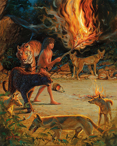 Mowgli thrust his dead branch into the fire 